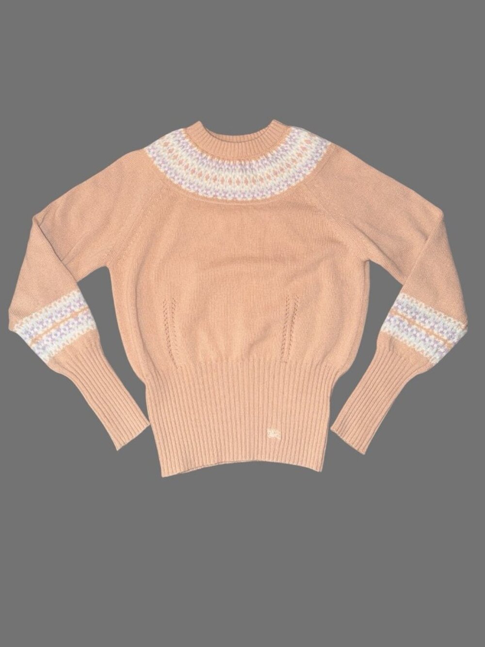 Burberry Fair Isle Lambswool Pastel Peach knit Pullover Sweater Corset Waist 44